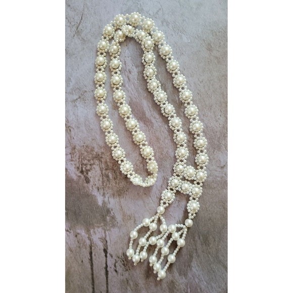 Lot 2 Vintage White Gold Flower Tassel Seed Bead Necklaces Retro Wedding Lei - Picture 13 of 13